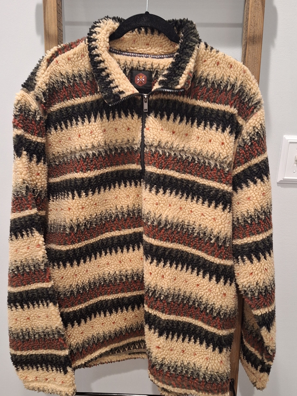 Cream & Black Patterned Sherpa Top